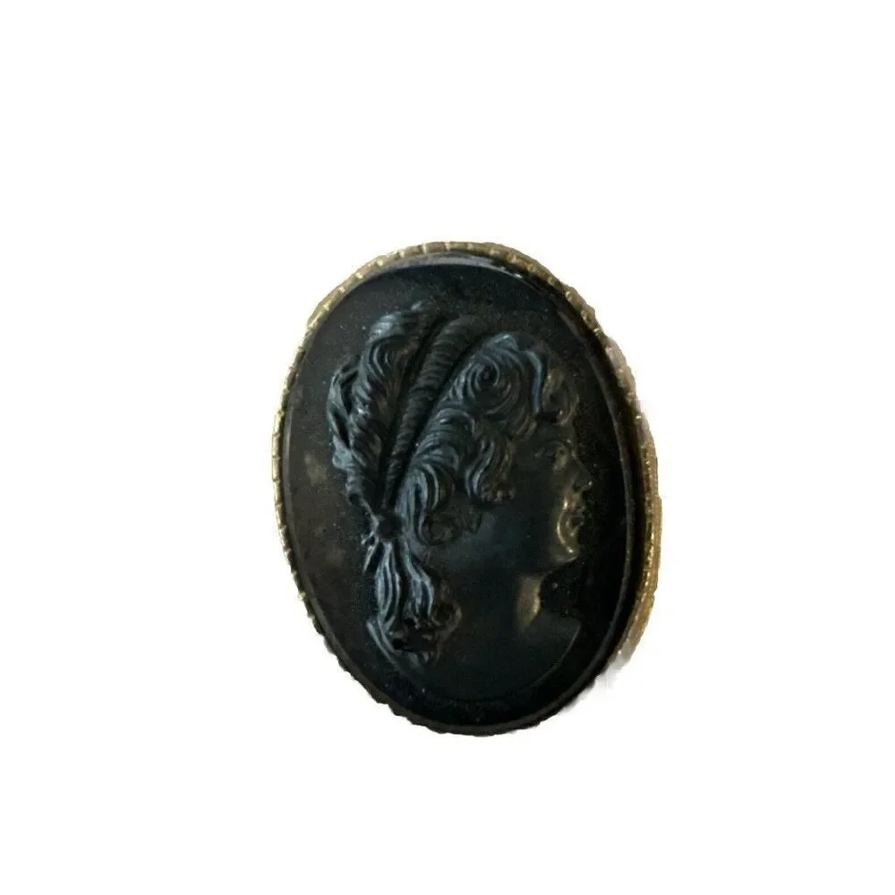 Vintage Black Glass Cameo Brooch Pin Clasp HEADBAND LADY Iridescent w Gold Tone